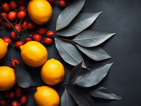 Lemons and berries on a black background. Top view.の写真素材