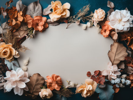 Flowers composition. Frame made of dried flowers on blue background. Flat lay, top view, copy spaceの写真素材