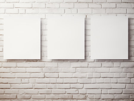 Three blank posters on white brick wall. Mock up, 3D Renderingの写真素材