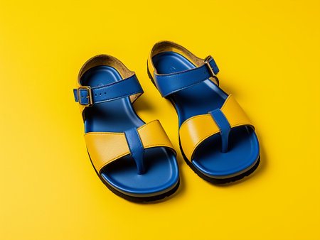Pair of blue women's sandals on a yellow background.の写真素材