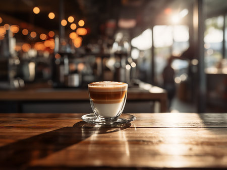 Coffee cup on wooden table in coffee shop with bokeh background