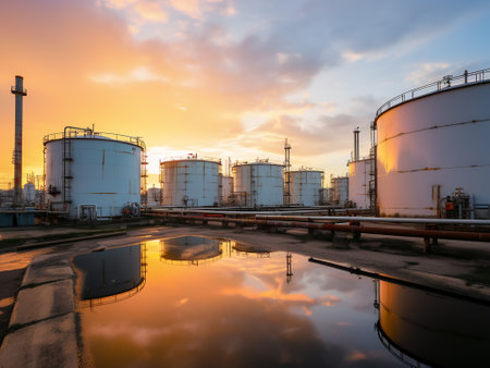 Oil tanks in the refinery at sunset, petrochemical plant.の写真素材