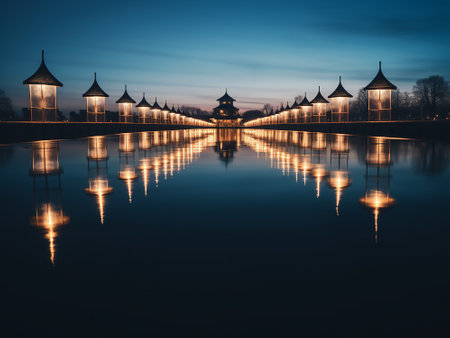 Reflection of the pavilion in the lake at night in Polandの写真素材