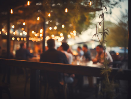 Blurred background of people sitting in a cafe with bokehの写真素材