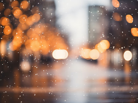 Blurred Christmas background with bokeh lights and snowflakesの写真素材