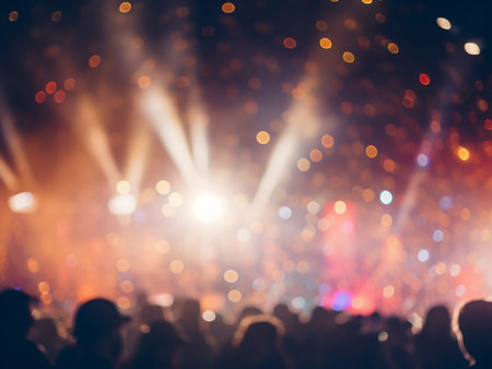 Blurred concert crowd in front of bright stage lights with bokeh effect