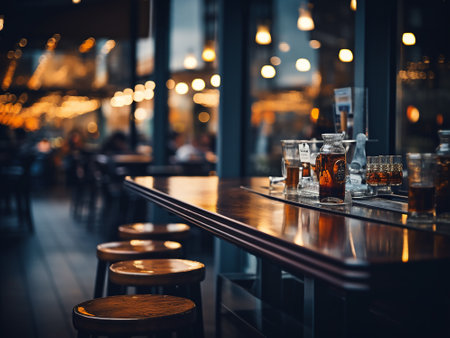 Tables and chairs of a pub or bar in the evening.の写真素材