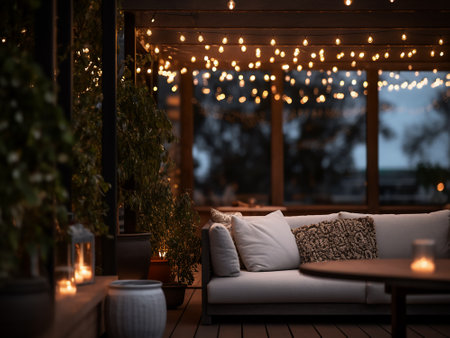 Beautiful terrace with comfortable sofa and decorative garland at nightの写真素材