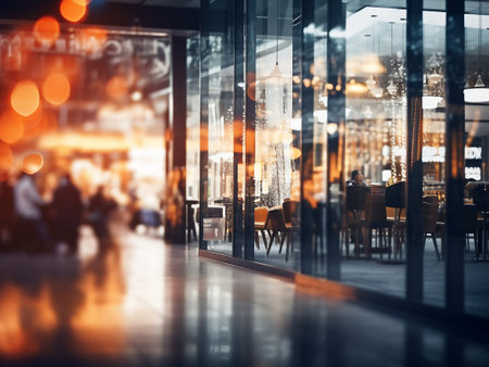 Blurred background of cafe interior with people walking. Toned imageの写真素材