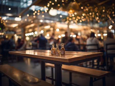 Empty wooden table in a pub with blurred people in the background.の写真素材