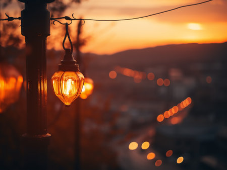 Vintage street lamp on the background of the city at sunset.の写真素材