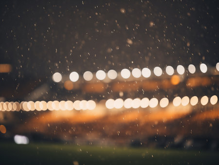 Blur of football stadium with bokeh background during snowfallの写真素材