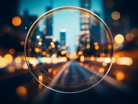 abstract background with bokeh effect and glass sphere over roadの写真素材