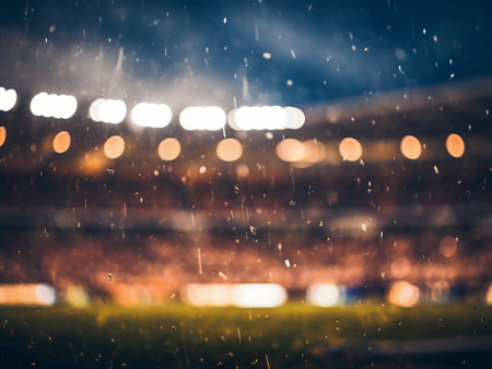 blurred background of football stadium under rain with bokeh lightsの写真素材