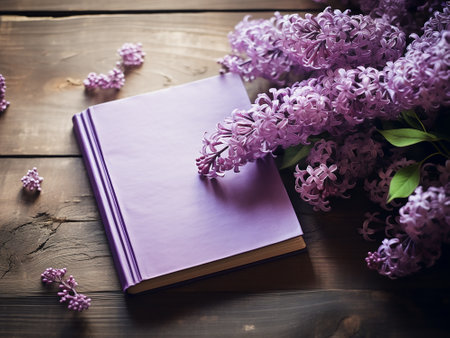 Purple lilac flowers and notebook on a wooden background. Toned.の写真素材