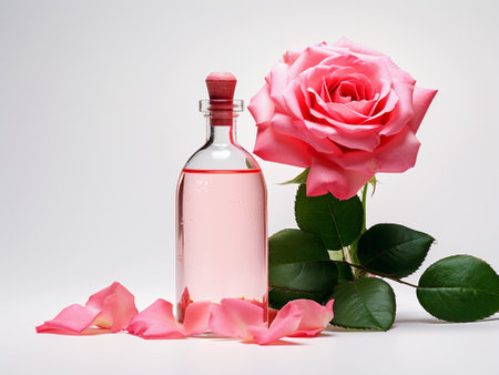 bottle of rose oil and pink rose flower on a white backgroundの写真素材