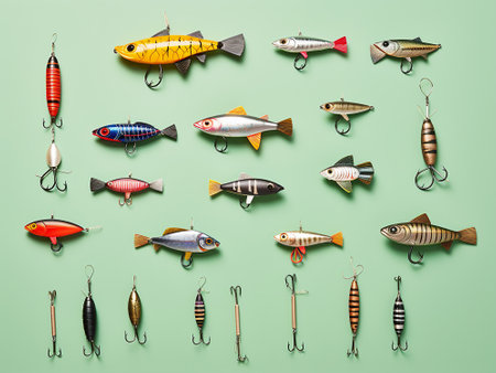 Fishing lures and wobblers on green background. Top view.の写真素材