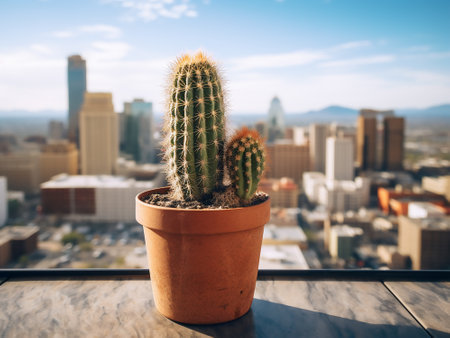 Cactus in a pot on the balcony with cityscape background.の写真素材