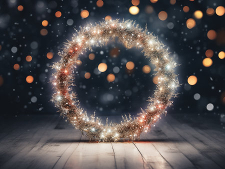Christmas wreath on wooden planks and bokeh lights backgroundの写真素材