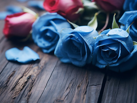 Bouquet of blue and red roses on a wooden background.の写真素材
