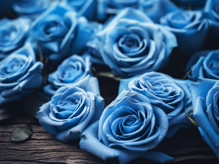 Blue roses on wooden background, close-up, selective focus.の写真素材