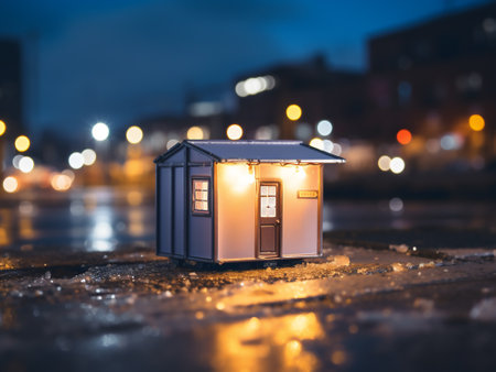 Small white house on a city street at night with lights in the backgroundの写真素材