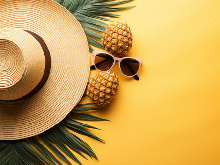 Summer composition with hat, sunglasses and pineapples on color backgroundの写真素材