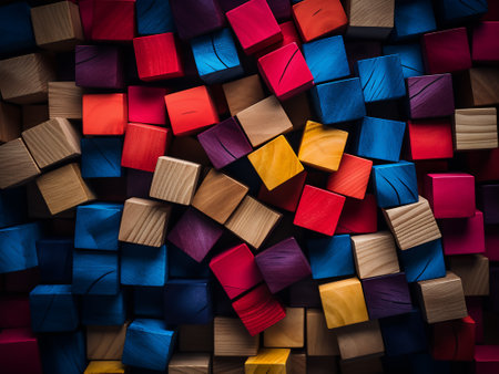 Colorful wooden blocks as a background. Top view. Toned.の写真素材