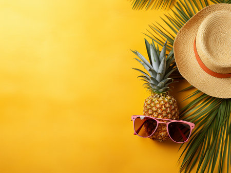 Summer holiday background with hat, sunglasses and pineapple on yellow background.の写真素材