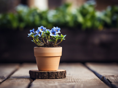 Small blue flowers in a terracotta pot on a wooden backgroundの写真素材