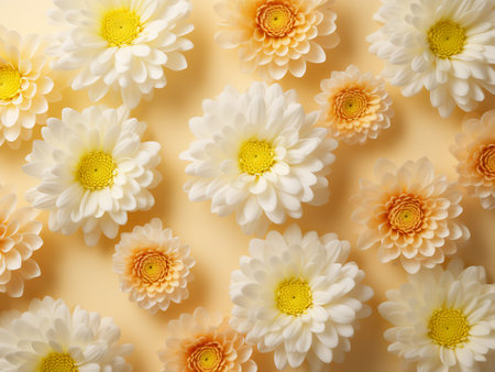 White chrysanthemum flowers on yellow background. Flat lay, top viewの写真素材