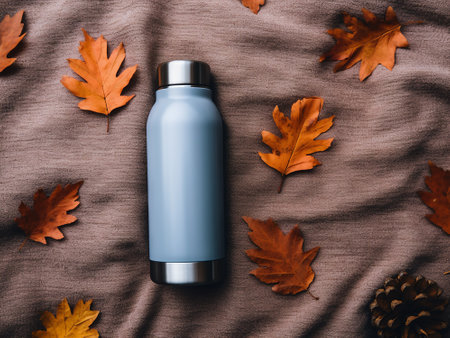 top view of blue sport bottle with water and autumn leaves on blanketの写真素材