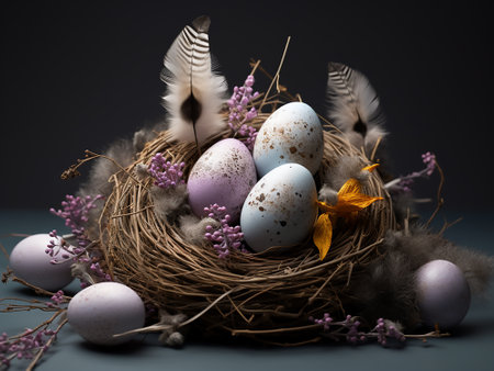 Easter eggs in a nest with feathers and flowers on a dark backgroundの写真素材