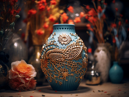Beautiful blue ceramic vase with floral ornament on the table.の写真素材
