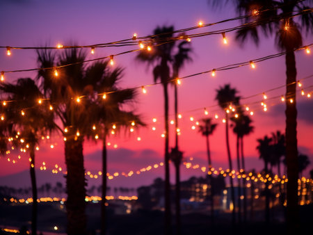 Colorful christmas lights on palm trees at sunset. Blurred backgroundの写真素材