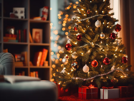 Christmas tree and gifts on a background of a cozy living room.の写真素材