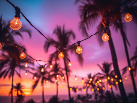 Vintage light bulb on blur palm tree and sunset background - Vintage Filterの写真素材