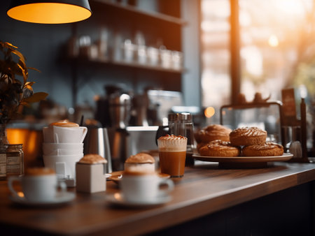 Coffee shop. Selective focus on the cup of coffee on the tableの写真素材