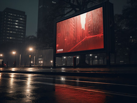 Blank billboard on city street at night. 3d rendering.の写真素材