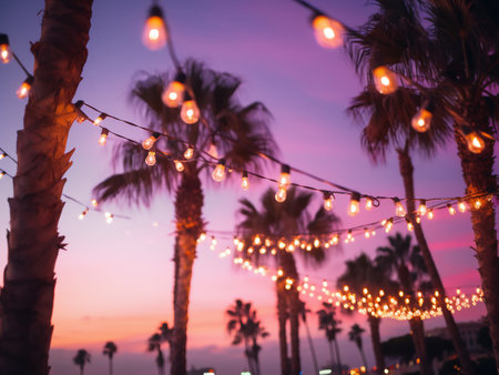 Christmas lights on palm trees at sunset. Bokeh effect.の写真素材