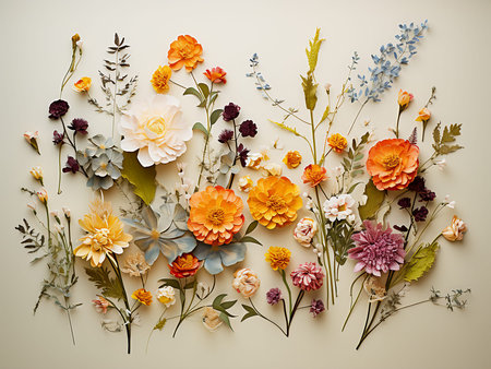 Flower bouquet made of dried flowers on beige background, top view
