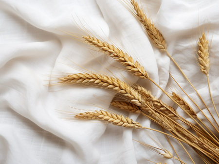 ears of wheat on a white fabric background. Flat lay, top viewの写真素材