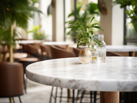 Interior of a cafe with a white marble table and a glass of waterの写真素材