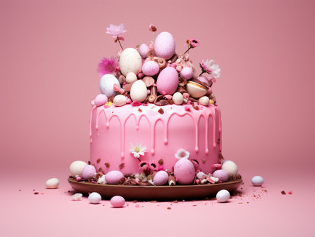 Pink cake with Easter eggs, flowers and chocolate candies on pink backgroundの写真素材