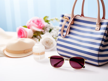Women's accessories on the white background. Sunglasses, hat and bag.の写真素材