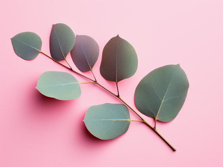 Eucalyptus leaves on pink background. Flat lay, top view.の写真素材