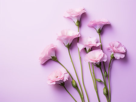 Beautiful eustoma flowers on color background, flat lay. Space for textの写真素材
