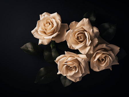 Beautiful bouquet of beige roses on a black background.の写真素材
