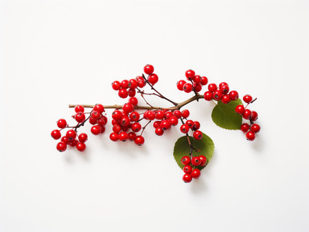 Red berries of hawthorn with green leaves on a white backgroundの写真素材