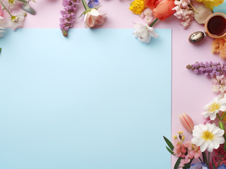 Flowers composition on blue and pink background. Flat lay, top view, copy spaceの写真素材